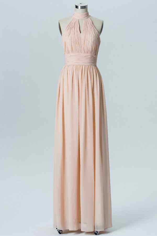 Blushing Pink A-line Halter Pleated Cut-Out Chiffon Long Bridesmaid Dress