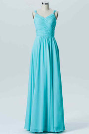 Blue A-line Sheer Straps Pleated Chiffon Long Bridesmaid Dress