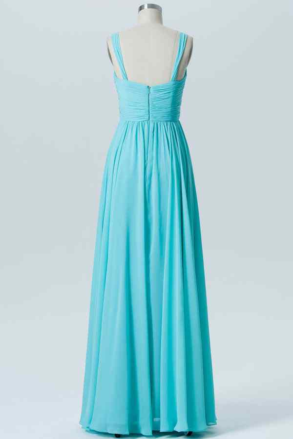 Blue A-line Sheer Straps Pleated Chiffon Long Bridesmaid Dress