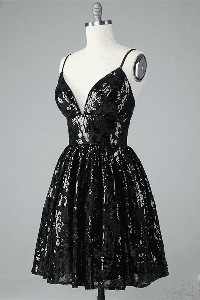 Black A-line V Neck Lace-Up Back Sequins-Embroidered Mini Dress