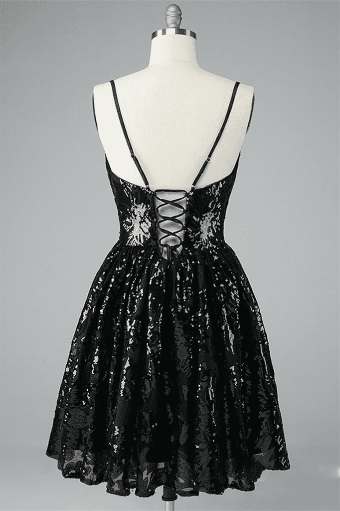 Black A-line V Neck Lace-Up Back Sequins-Embroidered Mini Dress