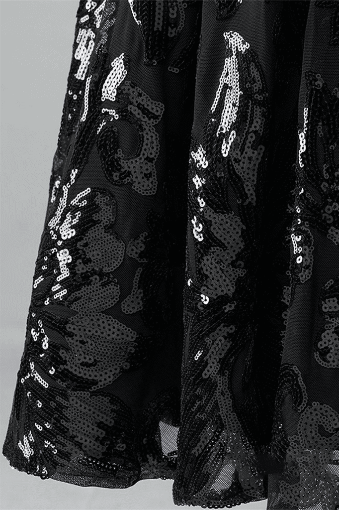 Black A-line V Neck Lace-Up Back Sequins-Embroidered Mini Dress