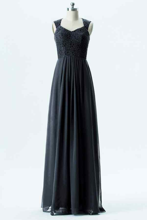 Grey A-line Sweetheart Scoop Back Lace Chiffon Long Bridesmaid Dress