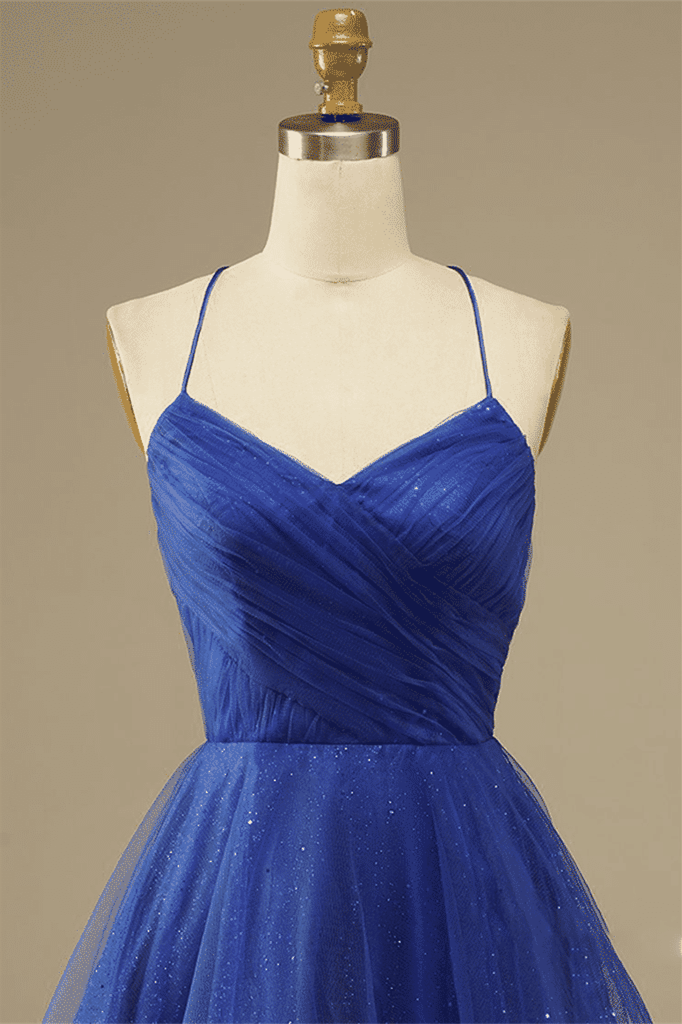 Royal Blue A-line Lace-Up Back Surplice Tulle Mini Homecoming Dress