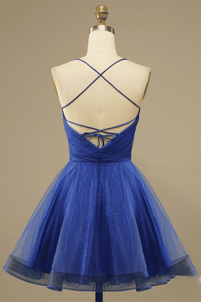 Royal Blue A-line Lace-Up Back Surplice Tulle Mini Homecoming Dress Royal Blue / US 10