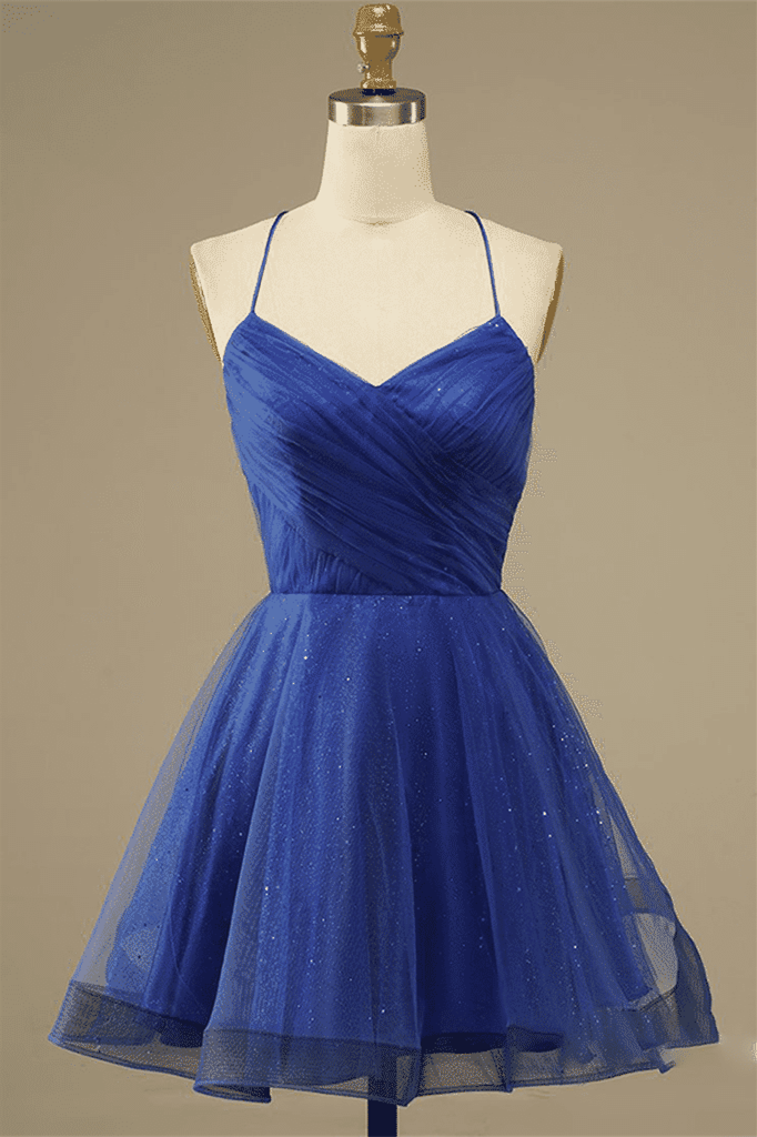 Royal Blue A-line Lace-Up Back Surplice Tulle Mini Homecoming Dress