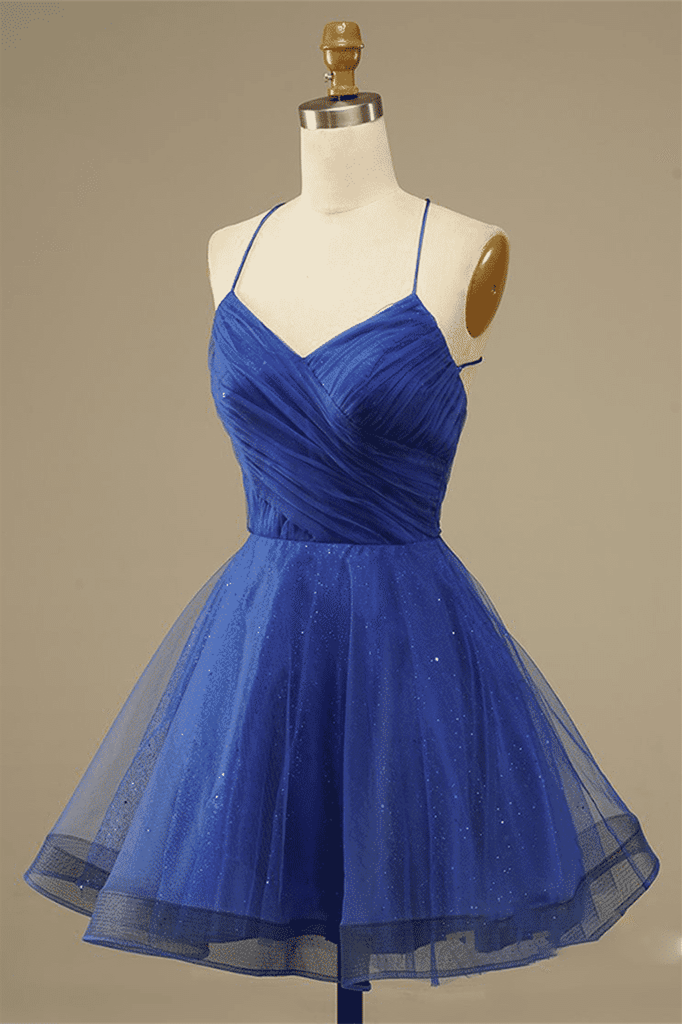 Royal Blue A-line Lace-Up Back Surplice Tulle Mini Homecoming Dress