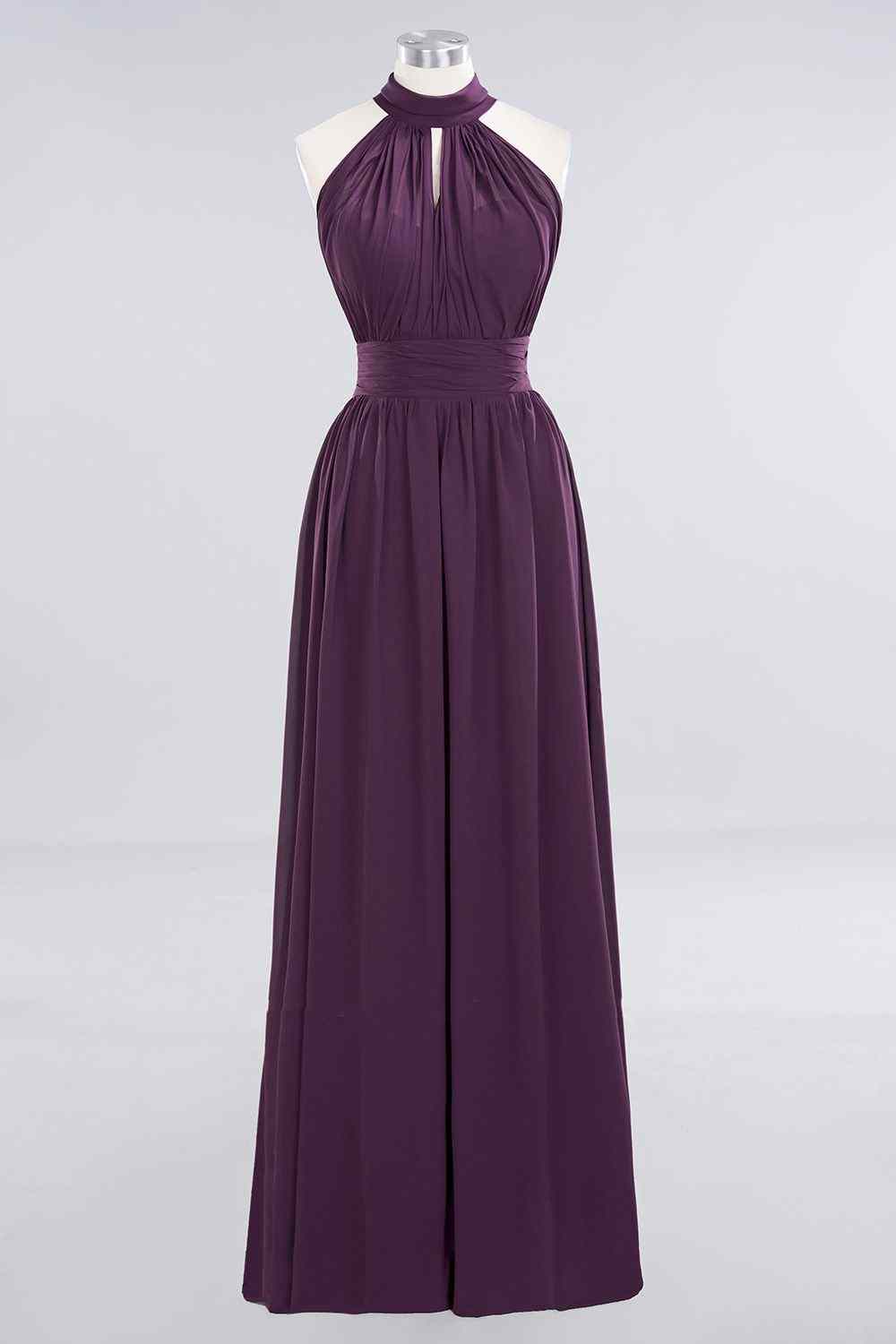 Grape A-line Halter Bow Tie Back Chiffon Long Bridesmaid Dress