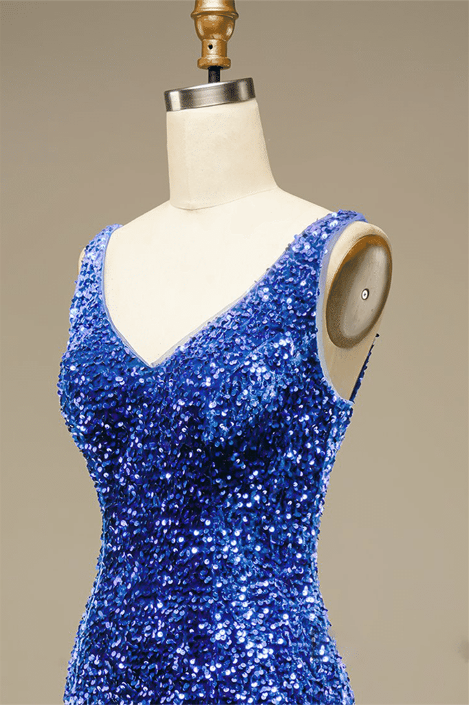 Royal Blue Sheath V Neck Straps Back Sequins Mini Homecoming Dress