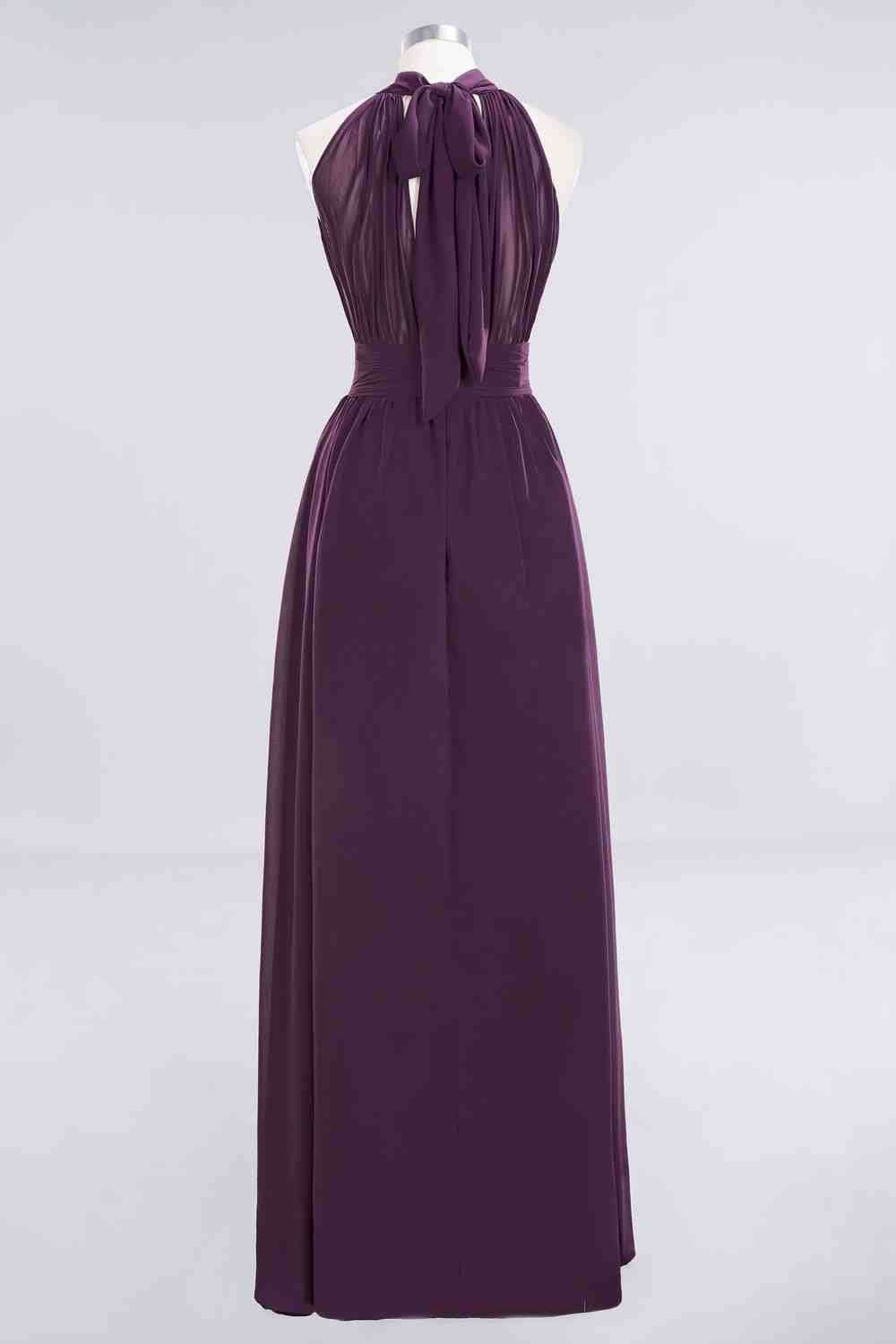 Grape A-line Halter Bow Tie Back Chiffon Long Bridesmaid Dress