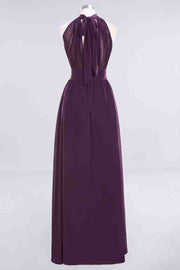 Grape A-line Halter Bow Tie Back Chiffon Long Bridesmaid Dress