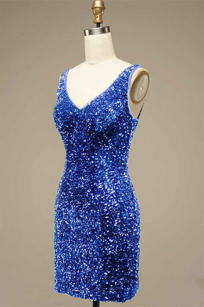 Royal Blue Sheath V Neck Straps Back Sequins Mini Homecoming Dress