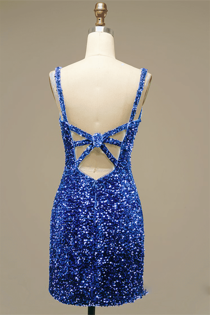 Royal Blue Sheath V Neck Straps Back Sequins Mini Homecoming Dress | Joyofdress Royal Blue Sheath V Neck Straps Back Sequins Mini Homecoming Dress | Joyofdress