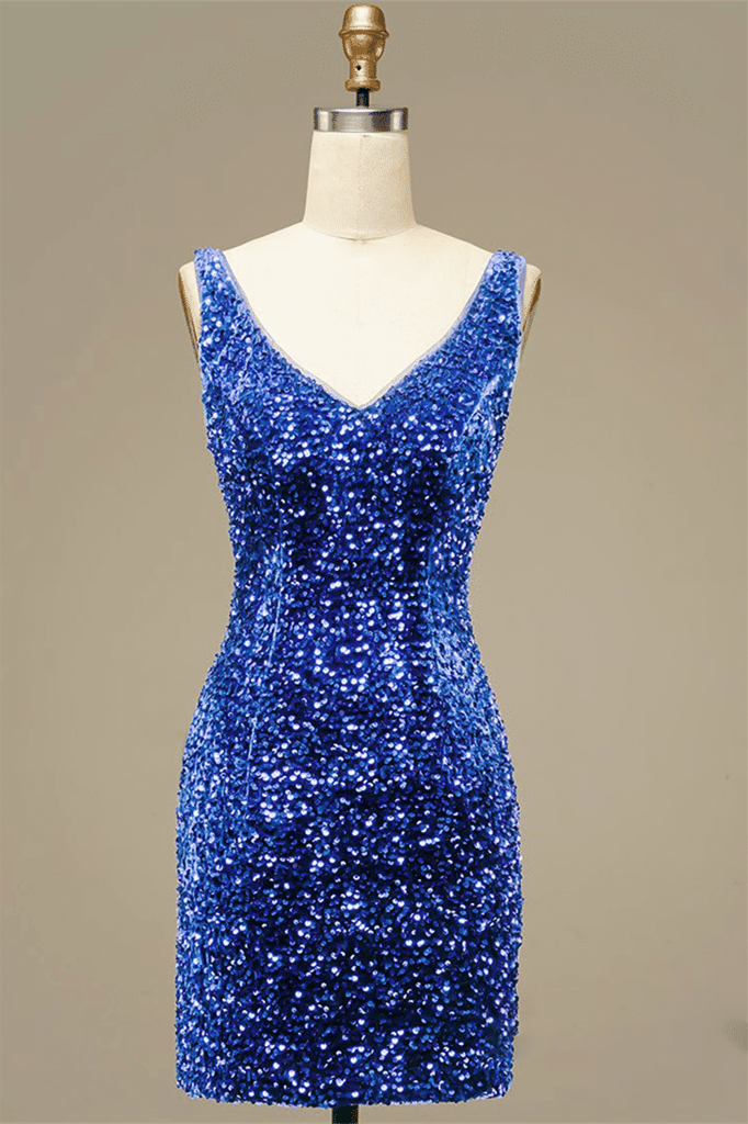 Royal Blue Sheath V Neck Straps Back Sequins Mini Homecoming Dress
