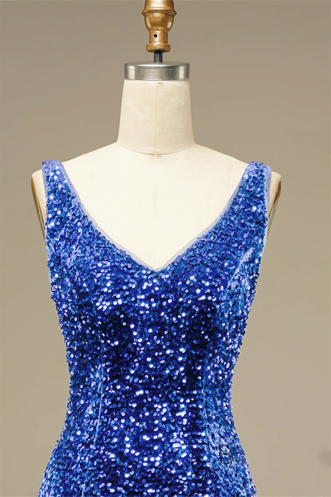 Royal Blue Sheath V Neck Straps Back Sequins Mini Homecoming Dress