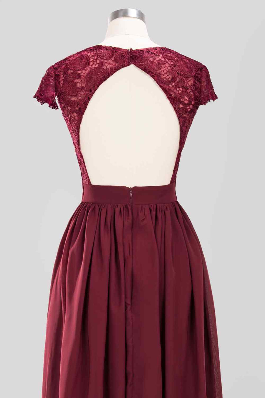 Burgundy A-line Cap Sleeves Lace Cut-Out Back Chiffon Long Bridesmaid Dress