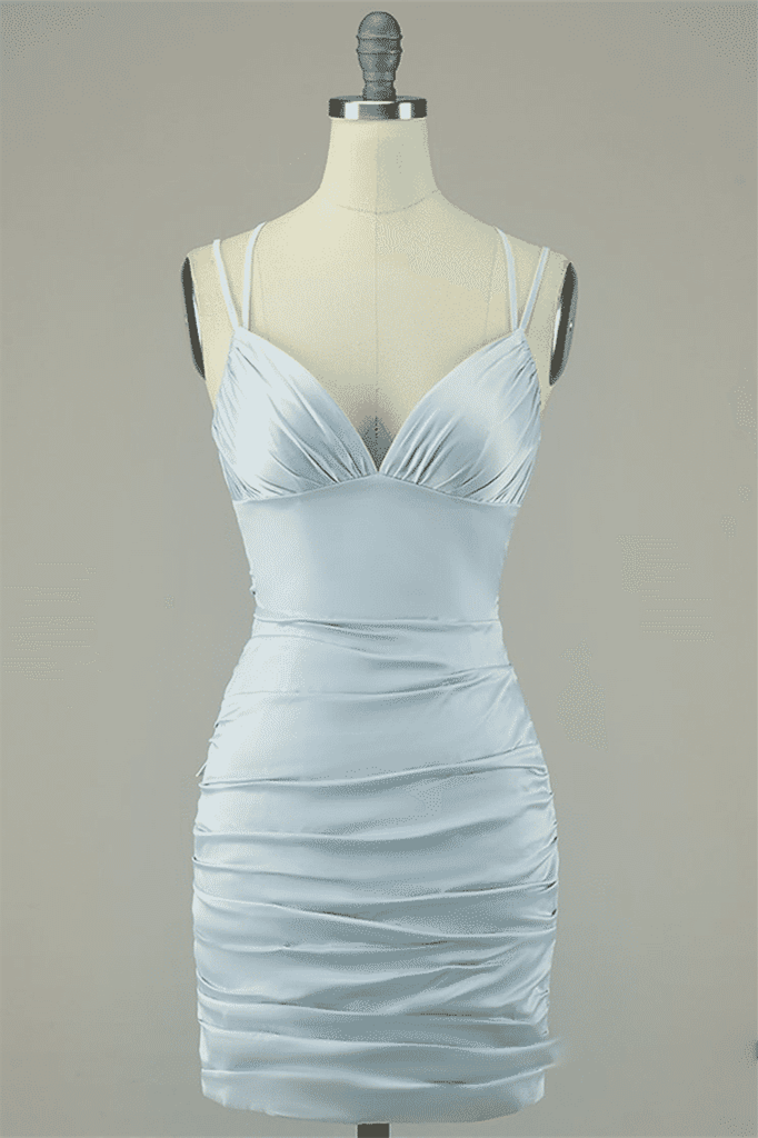 Grey Sheath Double Straps Lace-Up Back Pleated Satin Mini Dress Grey / Custom Size Grey Sheath Double Straps Lace-Up Back Pleated Satin Mini Dress Grey / Custom Size