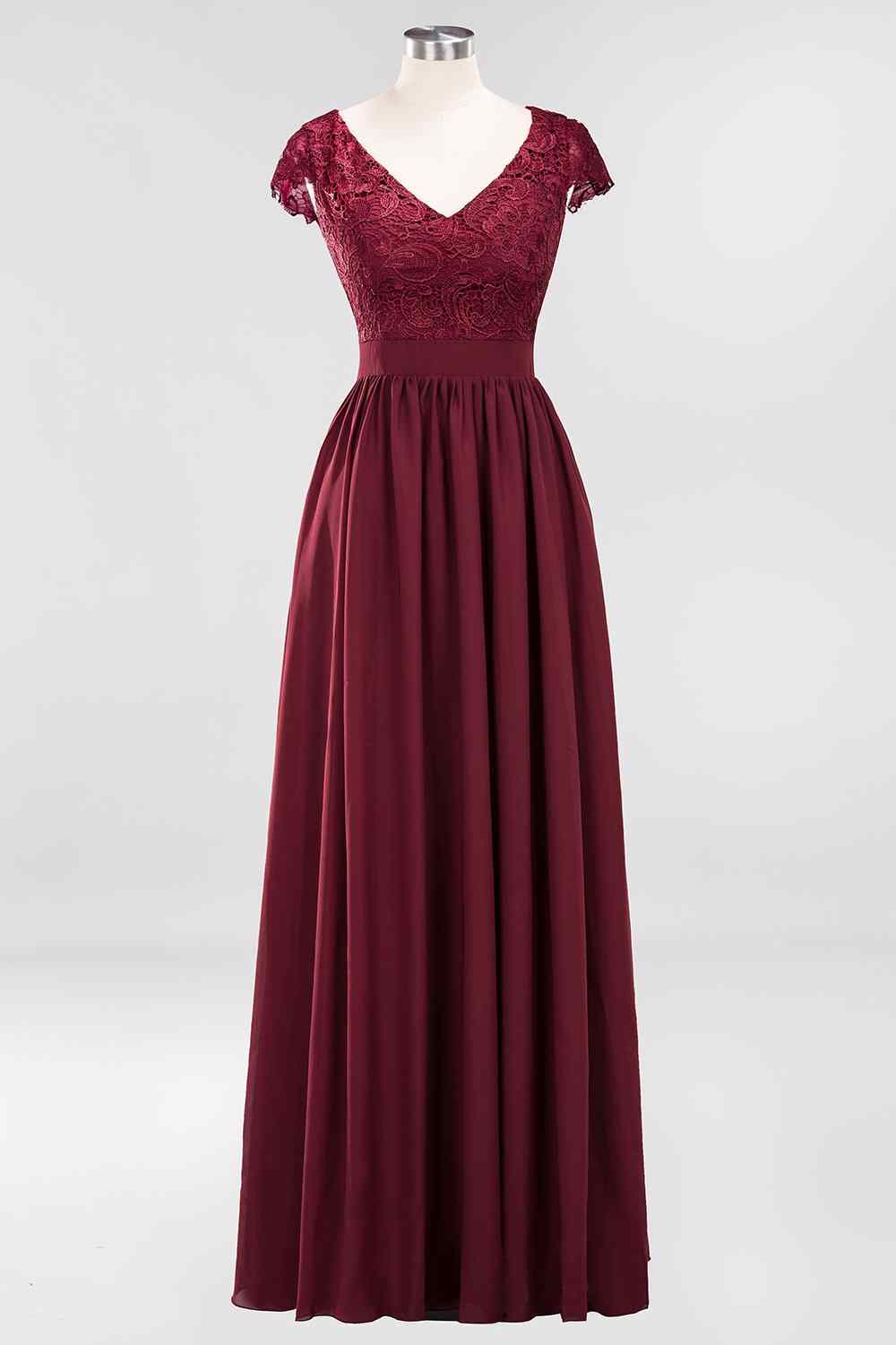Burgundy A-line Cap Sleeves Lace Cut-Out Back Chiffon Long Bridesmaid Dress Burgundy / US 6 Burgundy A-line Cap Sleeves Lace Cut-Out Back Chiffon Long Bridesmaid Dress Burgundy / US 6