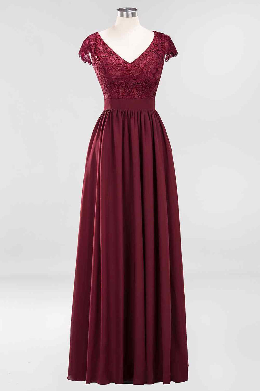 Burgundy A-line Cap Sleeves Lace Cut-Out Back Chiffon Long Bridesmaid | Joyofdress Burgundy A-line Cap Sleeves Lace Cut-Out Back Chiffon Long Bridesmaid | Joyofdress