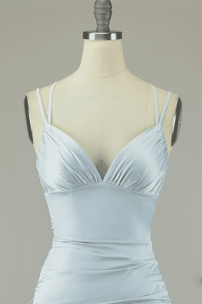 Grey Sheath Double Straps Lace-Up Back Pleated Satin Mini Dress