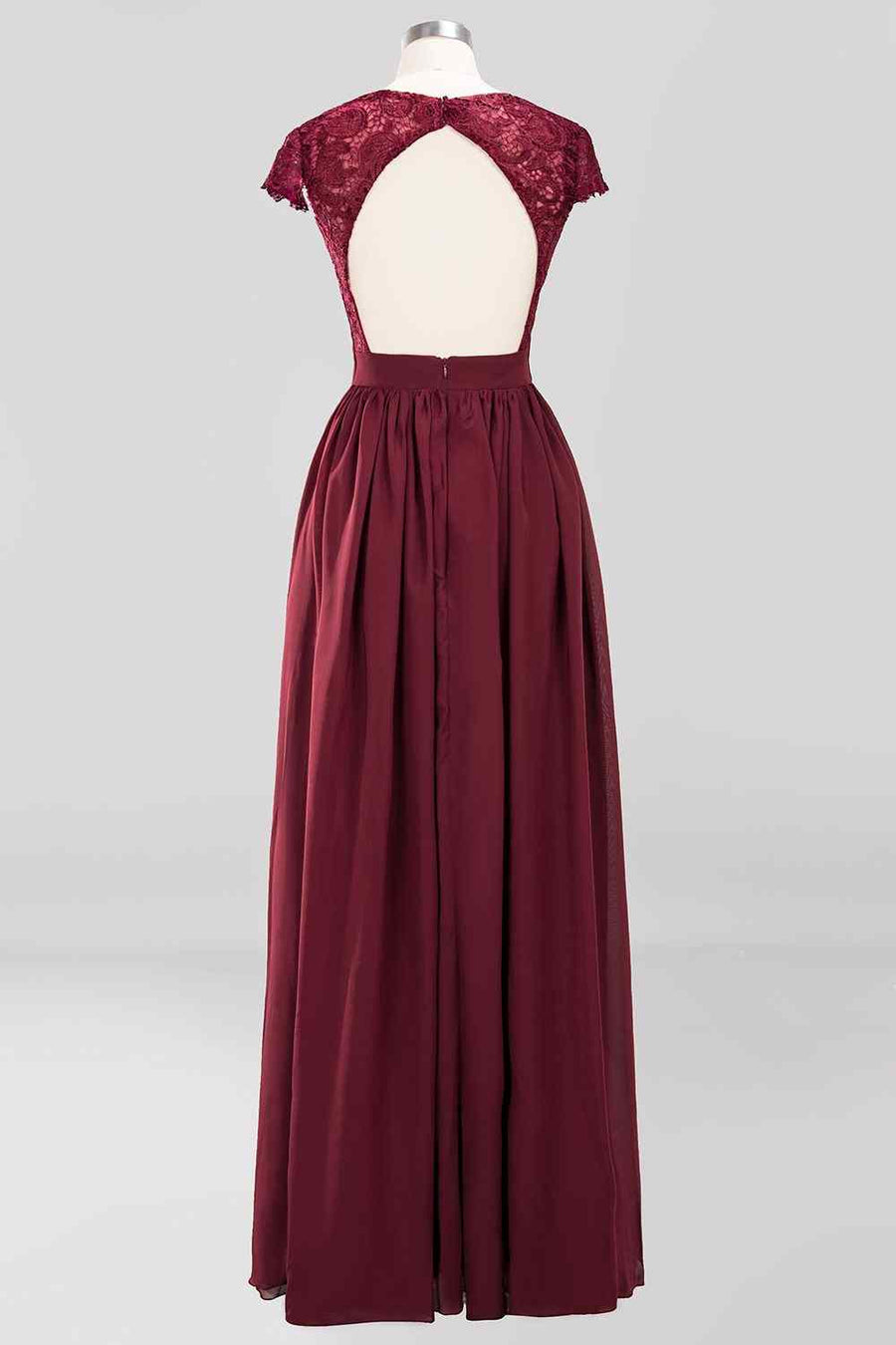 Burgundy A-line Cap Sleeves Lace Cut-Out Back Chiffon Long Bridesmaid Dress Burgundy / US 6 Burgundy A-line Cap Sleeves Lace Cut-Out Back Chiffon Long Bridesmaid Dress Burgundy / US 6
