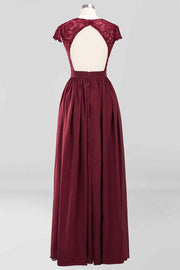 Burgundy A-line Cap Sleeves Lace Cut-Out Back Chiffon Long Bridesmaid Dress