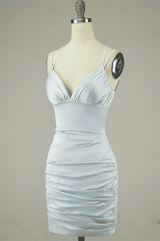 Grey Sheath Double Straps Lace-Up Back Pleated Satin Mini Dress