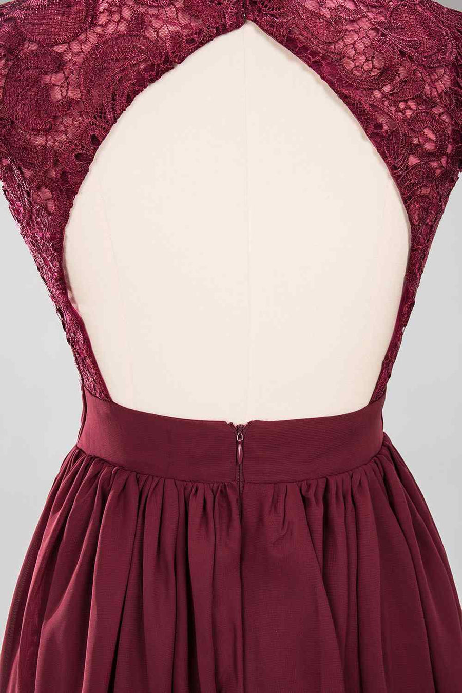 Burgundy A-line Cap Sleeves Lace Cut-Out Back Chiffon Long Bridesmaid Dress Burgundy / US 6 Burgundy A-line Cap Sleeves Lace Cut-Out Back Chiffon Long Bridesmaid Dress Burgundy / US 6