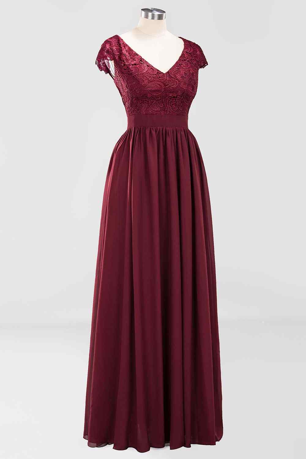 Burgundy A-line Cap Sleeves Lace Cut-Out Back Chiffon Long Bridesmaid Dress Burgundy / US 6 Burgundy A-line Cap Sleeves Lace Cut-Out Back Chiffon Long Bridesmaid Dress Burgundy / US 6