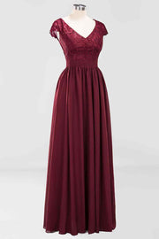 Burgundy A-line Cap Sleeves Lace Cut-Out Back Chiffon Long Bridesmaid Dress