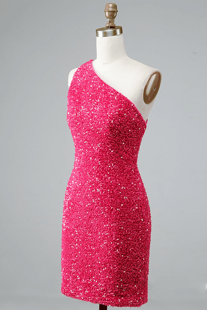 Red Sheath One Shoulder Straps Back Sequins Mini Homecoming Dress