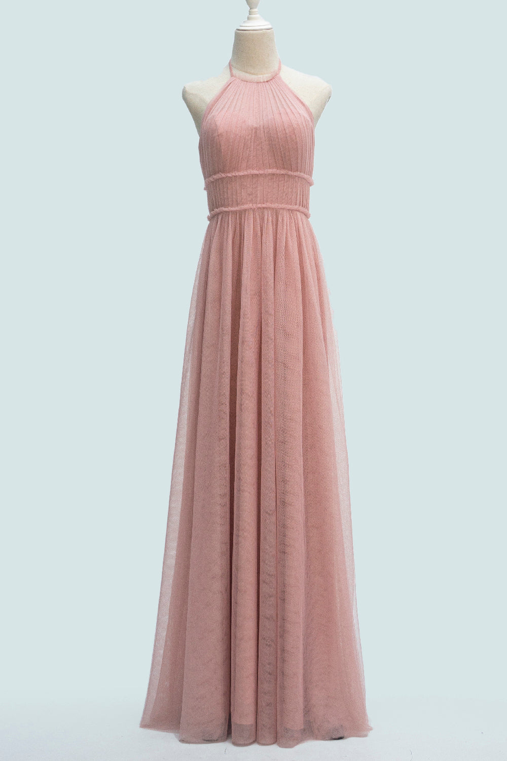 Blushing Pink A-line Halter Pleated Backless Long Bridesmaid Dress