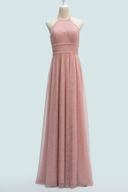 Blushing Pink A-line Halter Pleated Backless Long Bridesmaid Dress