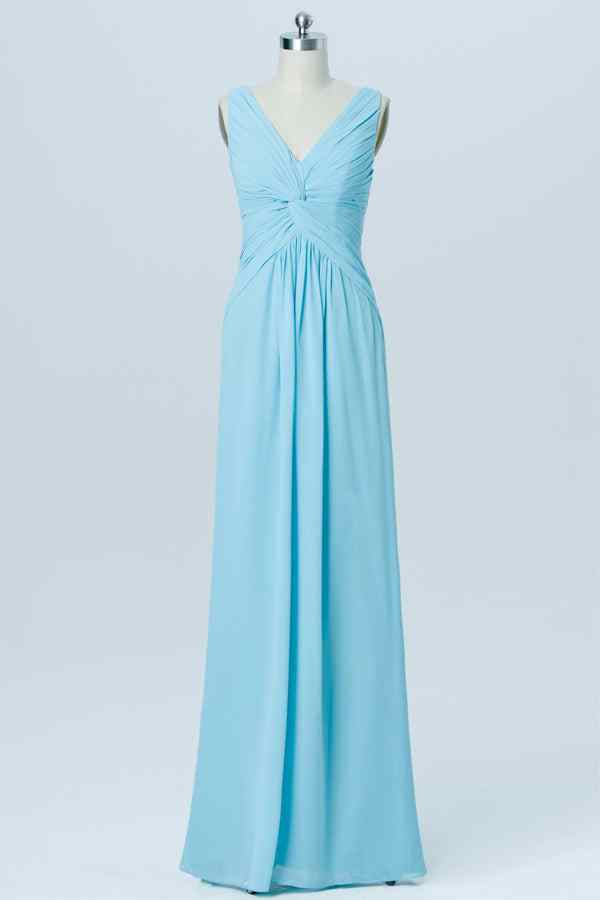 Blue A-line Chiffon Pleated Twist Knot Long Bridesmaid Dress Blue / US 12