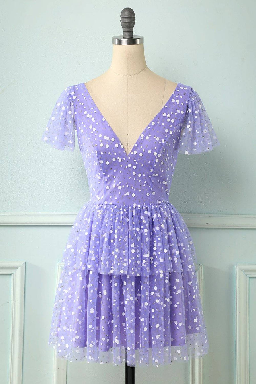 Lilac A-line V Neck Multi-Layers Mini Homecoming Dress with Dot | Joyofdress Lilac A-line V Neck Multi-Layers Mini Homecoming Dress with Dot | Joyofdress