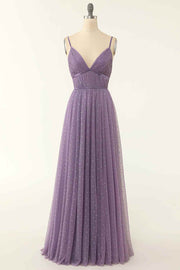 Lavender A-line V Neckline Pleated Tulle Dot Long Prom Dress