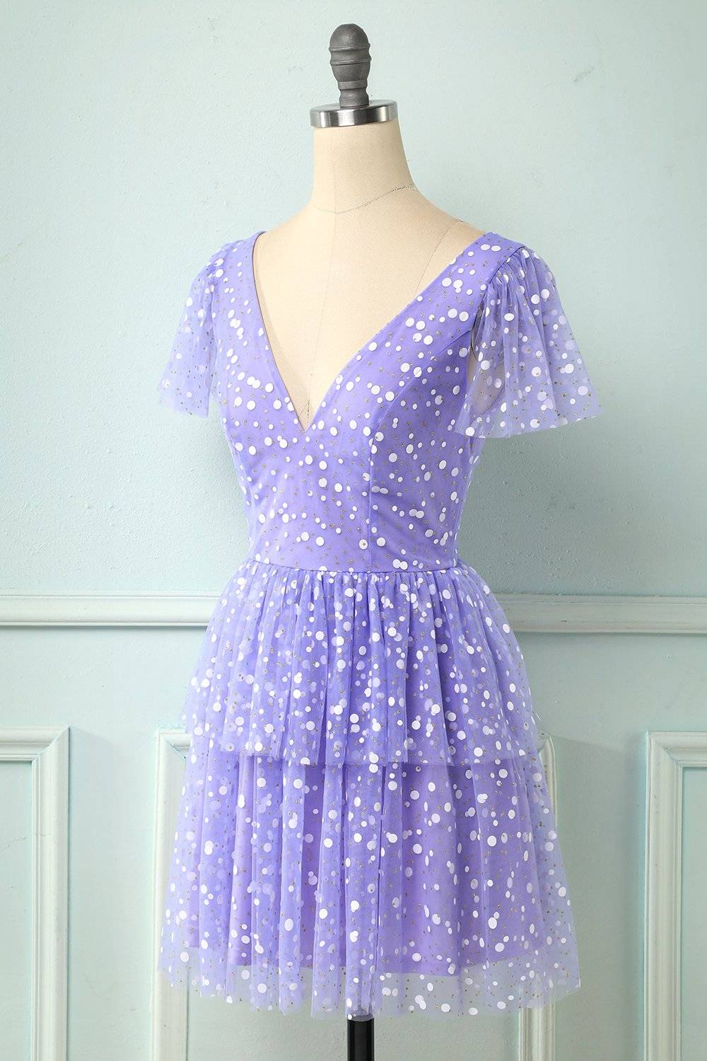 Lilac A-line V Neck Multi-Layers Mini Homecoming Dress with Dot Lilac / US 14 Lilac A-line V Neck Multi-Layers Mini Homecoming Dress with Dot Lilac / US 14