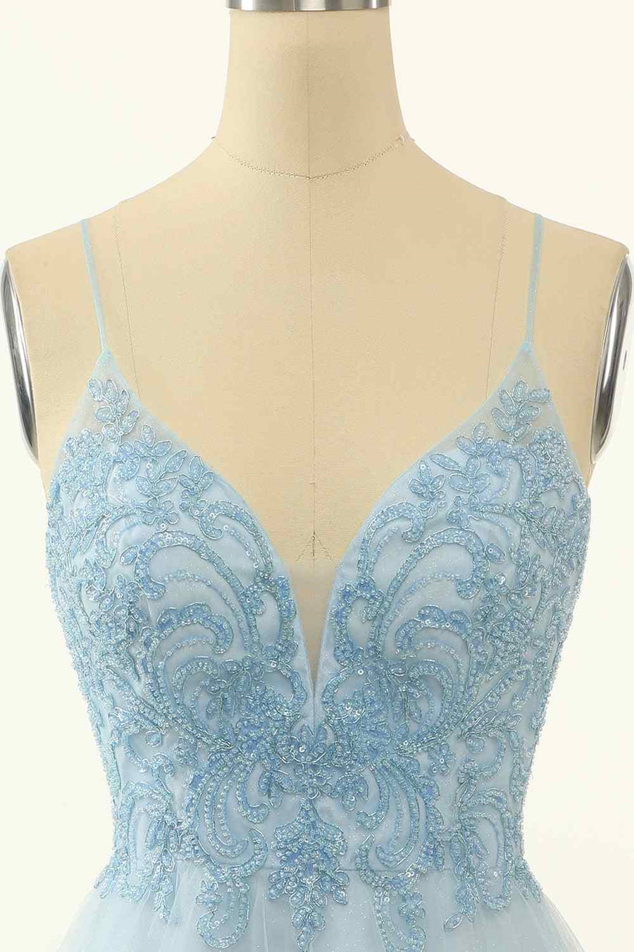 Light Blue A-line V Neck Beading-Embroidered Tulle Mini Homecoming Dress
