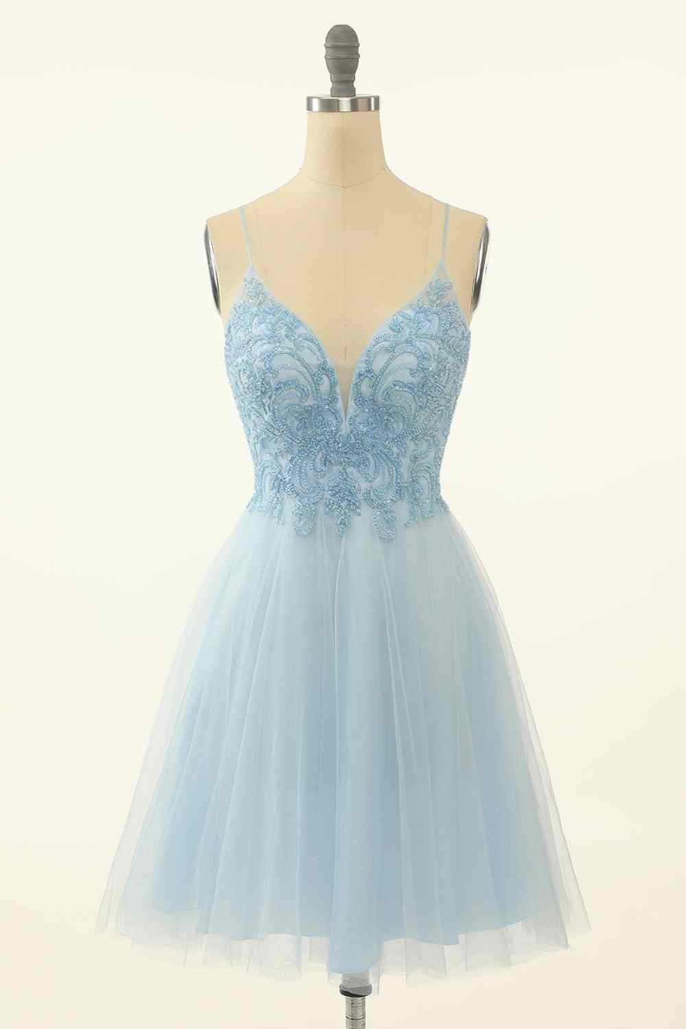 Light Blue A-line V Neck Beading-Embroidered Tulle Mini Homecoming Dress