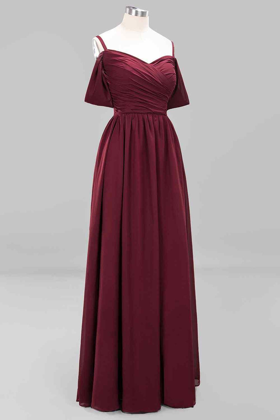 Burgundy A-line Sweetheart Sleeves Pleated Chiffon Long Bridesmaid Dress