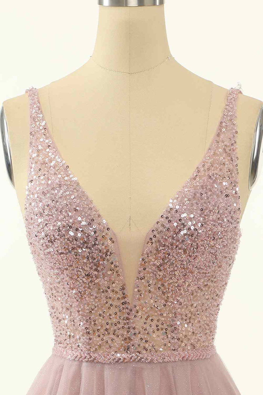 Dusty Pink A-line V Neck Sequins Tulle Mini Homecoming Dress