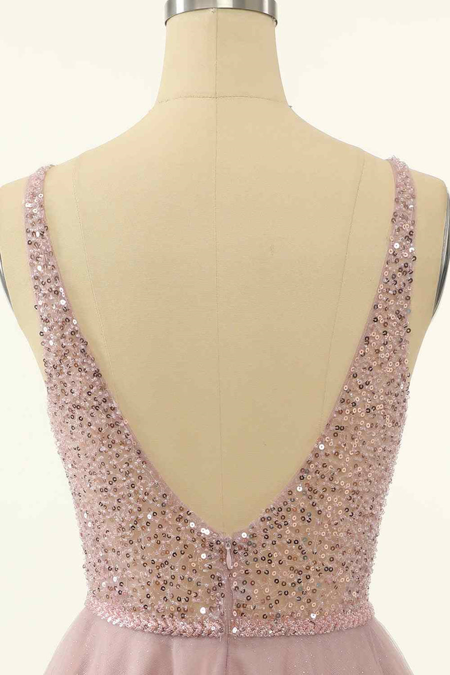 Dusty Pink A-line V Neck Sequins Tulle Mini Homecoming Dress