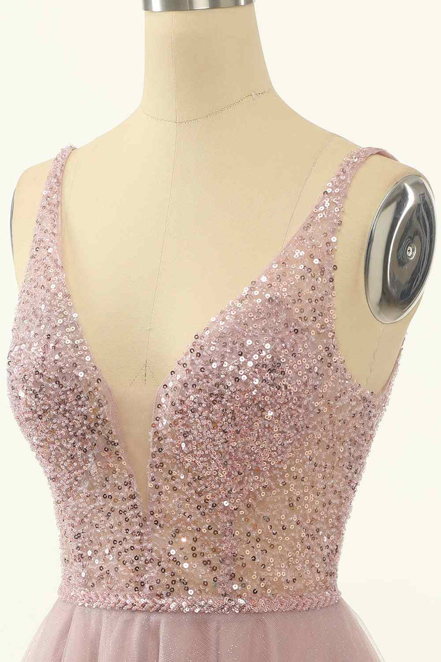 Dusty Pink A-line V Neck Sequins Tulle Mini Homecoming Dress
