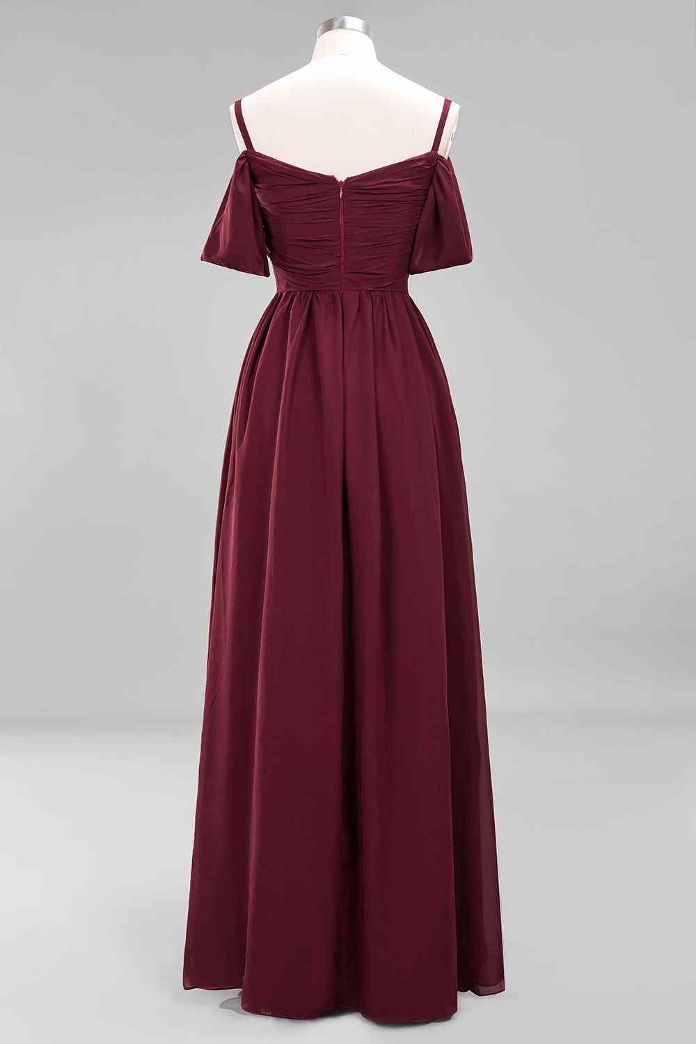 Burgundy A-line Sweetheart Sleeves Pleated Chiffon Long Bridesmaid Dress