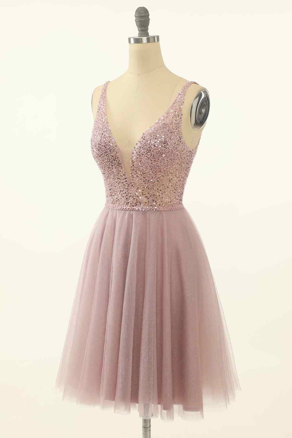 Dusty Pink A-line V Neck Sequins Tulle Mini Homecoming Dress