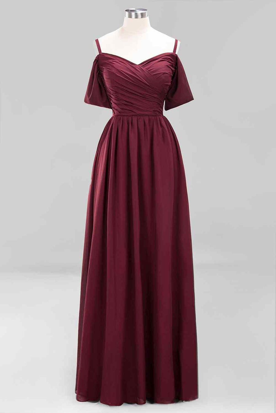 Burgundy A-line Sweetheart Sleeves Pleated Chiffon Long Bridesmaid Dress