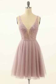 Dusty Pink A-line V Neck Sequins Tulle Mini Homecoming Dress