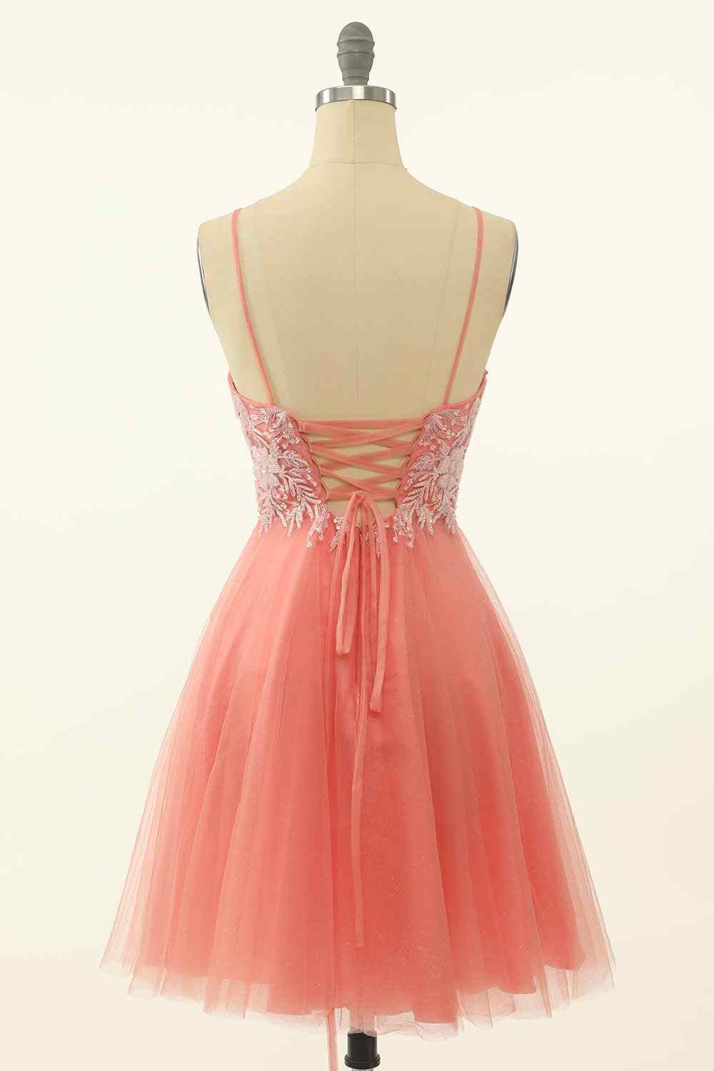 Coral A-line Lace-Up Back Sequins-Embroidered Mini Homecoming Dress
