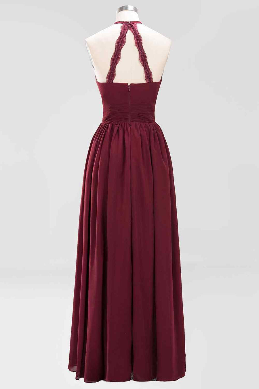 Burgundy A-line Halter Lace Straps Back Pleated Chiffon Long Bridesmaid Dress
