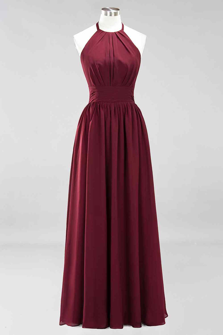 Burgundy A-line Halter Lace Straps Back Pleated Chiffon Long Bridesmaid Dress